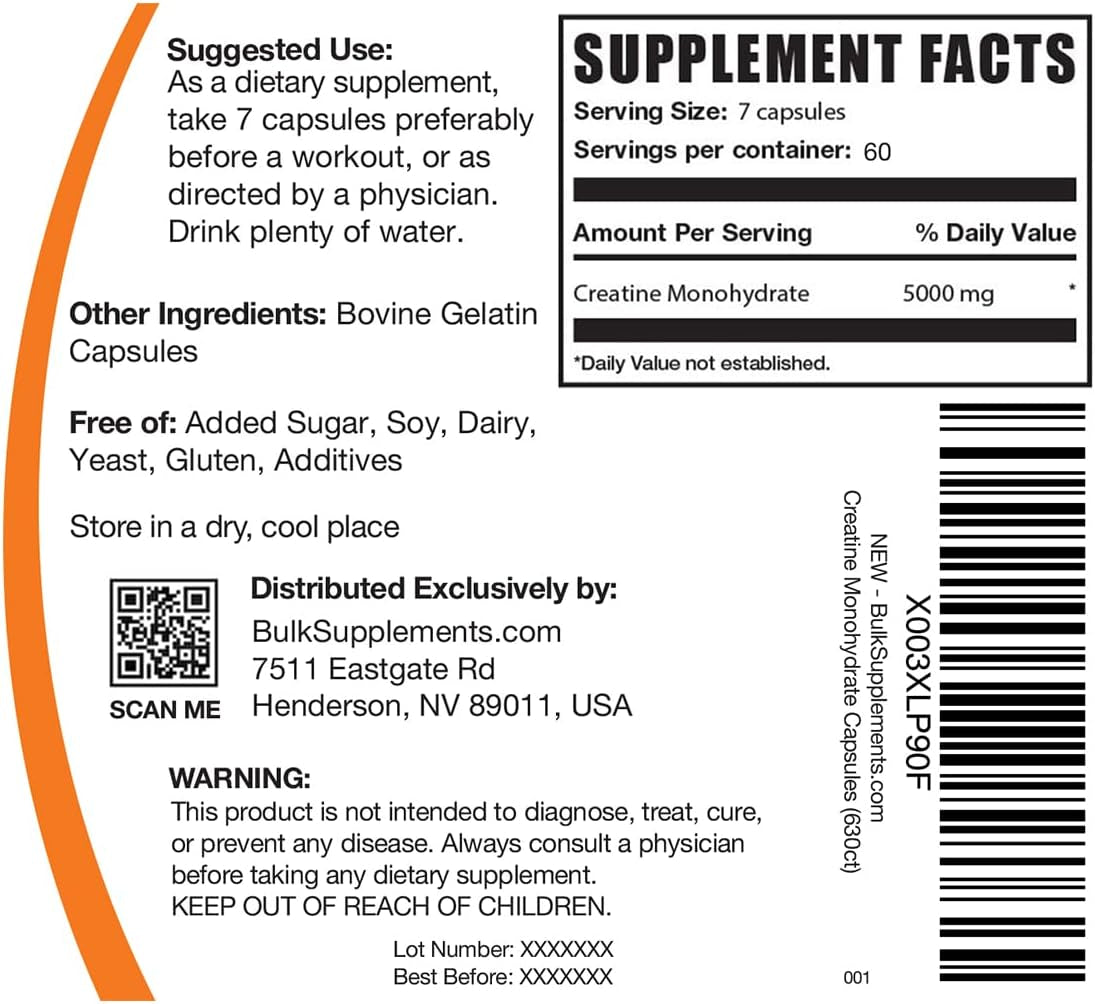 .Com Creatine Monohydrate Capsules - Micronized Creatine Monohydrate, Vegan Creatine, Creatine Pills - 7 Creatine Capsules per Serving, 5000Mg, Gluten Free, 630 Capsules