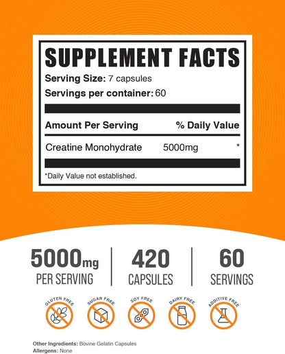 .Com Creatine Monohydrate Capsules - Micronized Creatine Monohydrate, Vegan Creatine, Creatine Pills - 7 Creatine Capsules per Serving, 5000Mg, Gluten Free, 630 Capsules